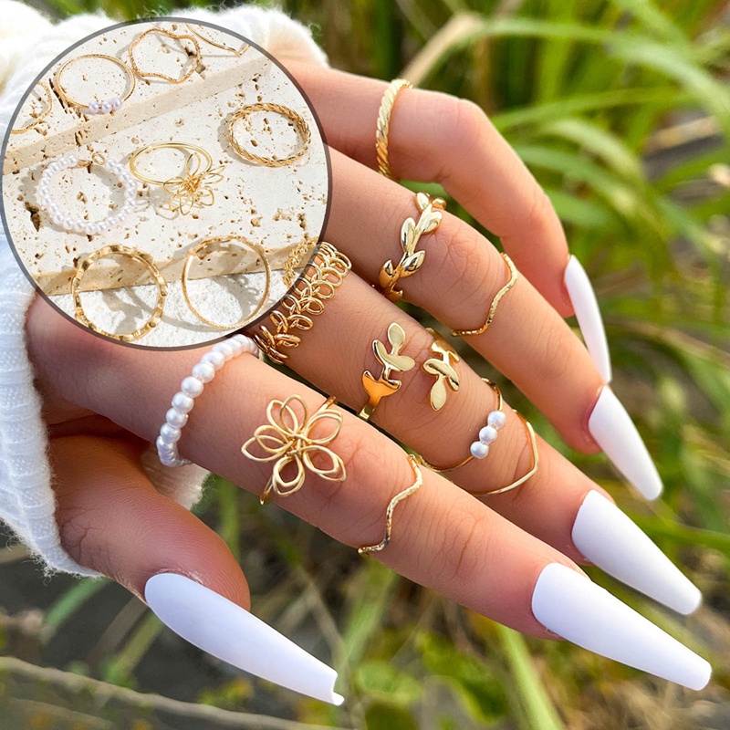 10pcs/set Cincin Bohemian Gelombang Bunga Untuk Wanita Vintage Geometris Mutiara Butterfly Metal Chain Knuckle Rings