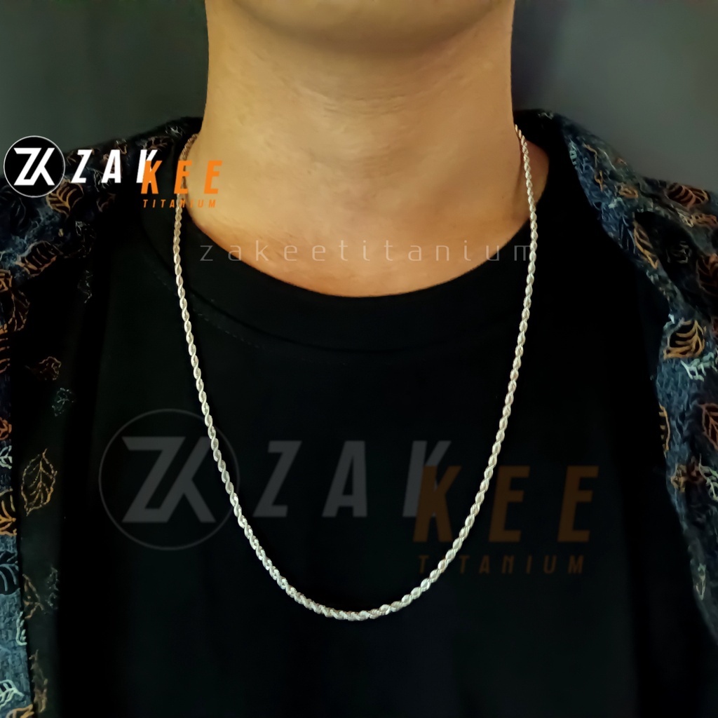 Kalung Pria Titanium Anti Karat Silver Cowok Cewek Keren Wanita Rantai Rante Tali Tambang Ulir Stainless Steel Panjang 45cm 60cm