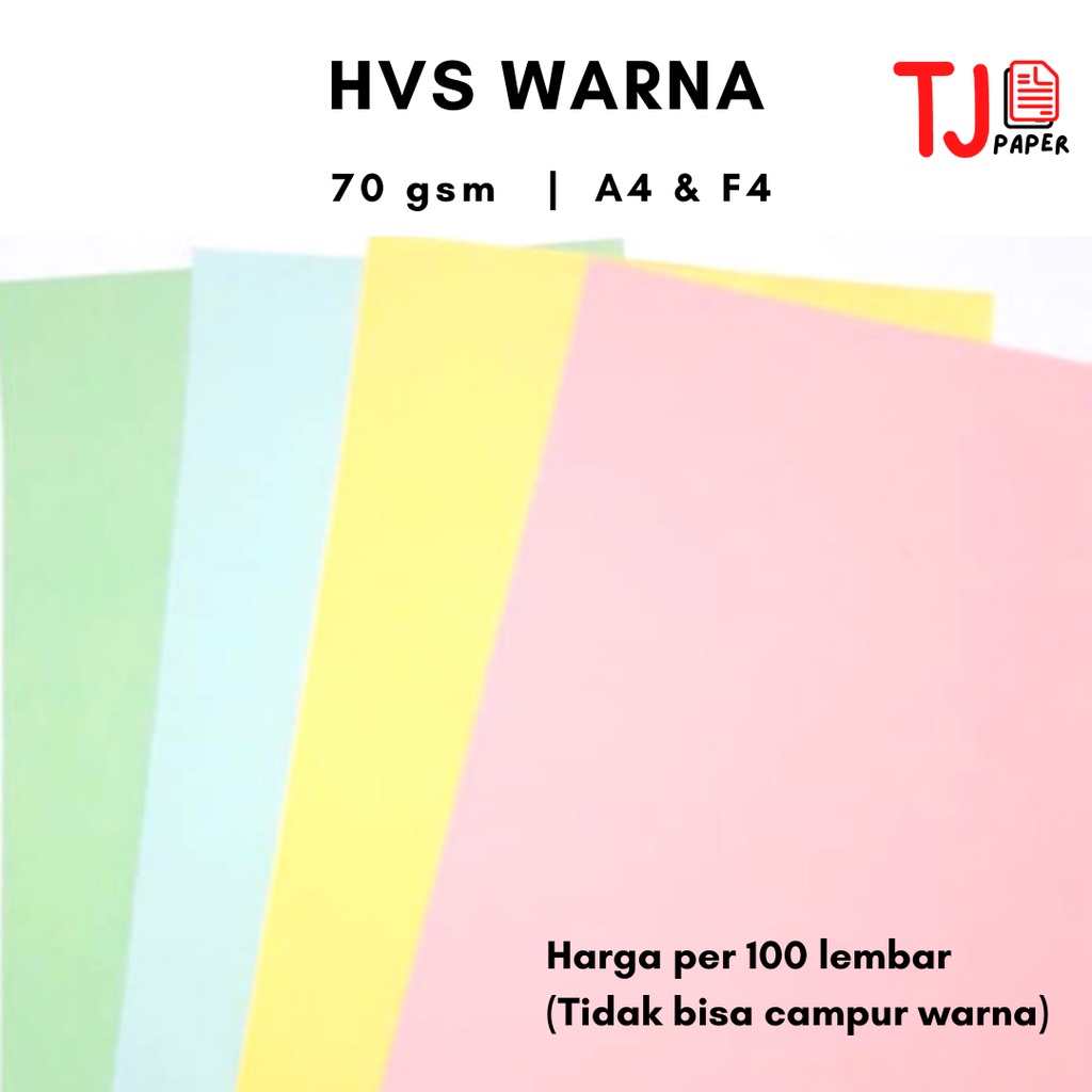 

(100 lbr) HVS Warna 70 gsm A4/F4 - Merah Muda / Kuning / Biru Tua / Biru Muda / Hijau