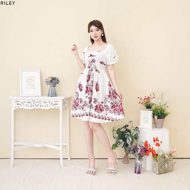 Evercloth Riley / Letha Dress Batik Wanita Sabrina Dress Wanita Batik Modern Gaun Pesta Aline Terusan Kebaya Seragam Batik Couple Set Family Sarimbit