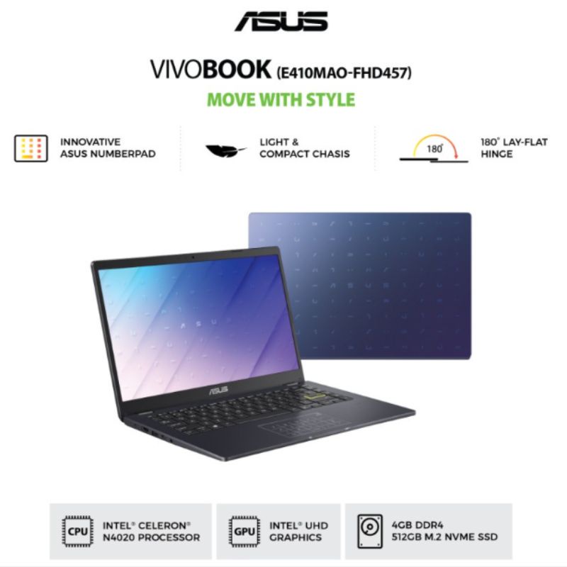Asus VivoBook E410MAO-FHD457 Celeron N4020/4GB/512GB SSD/14"FHD/Win 11 Home+OHS 2021/Peacock Blue