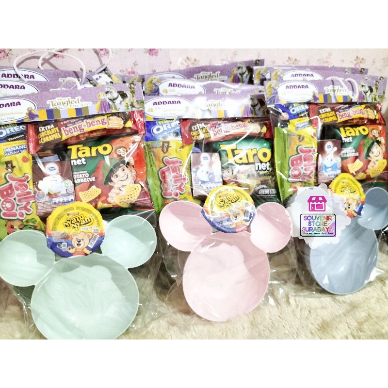 Piring jerami || Souvenir Piring Mickey Jerami || Paket souvenir lengkap Snack || Hampers Mickey Jerami