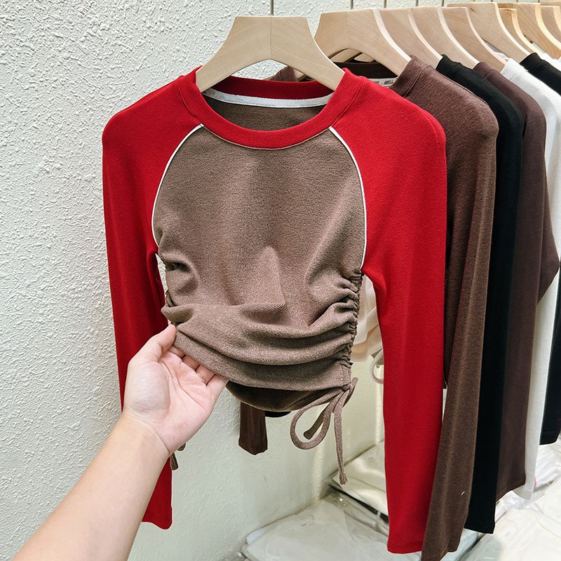 Red Musim Semi dan Musim Gugur Lengan Panjang T-shirt Wanita Versi Korea Baru dari In Asing Gaya Tipis Slim Bagian Dalam Kemeja desain Atasan Pendek