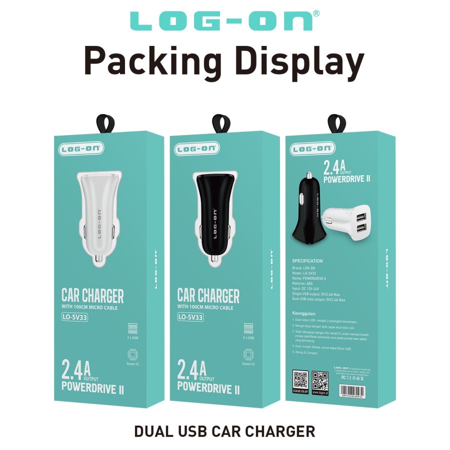 SAVER MOBIL LOG ON LO-SV33 POWERDRIVE II 2.4A 2USB + KABEL USB MICRO - CAR CHARGER MOBIL