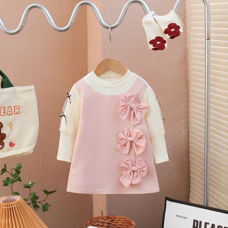 MP3 NEW Dress dua warna / dress lengan panjang anak perempuan motif tiga pita