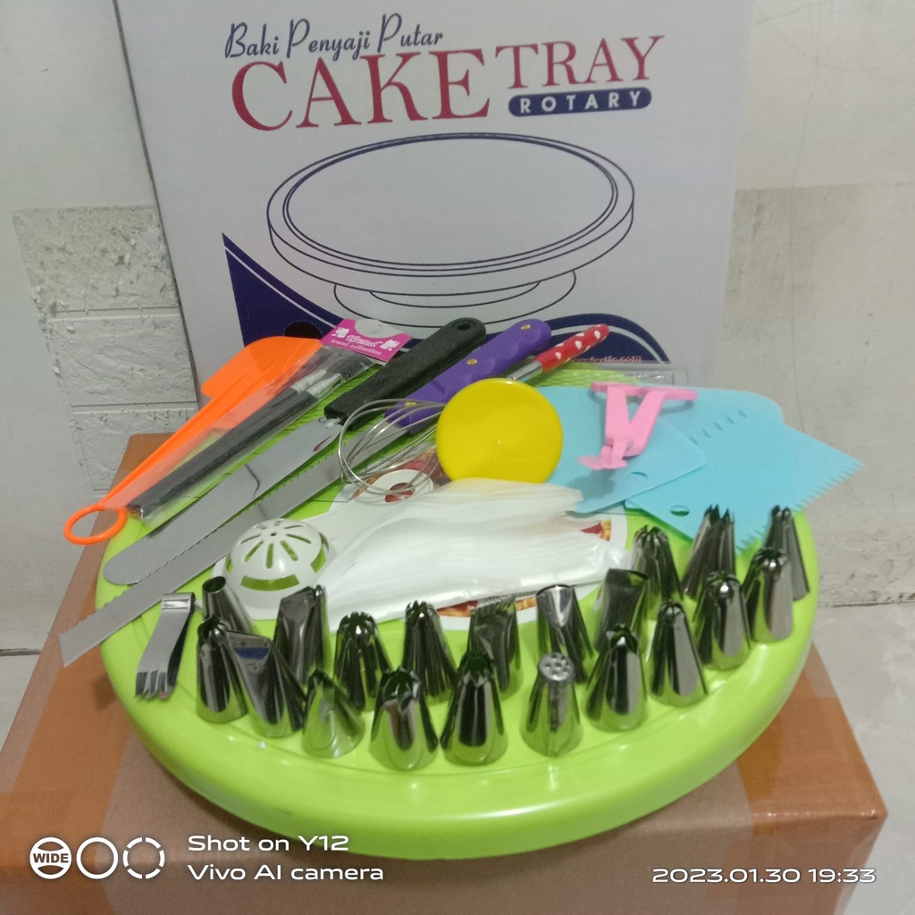 New Paket dekorasi kue / Meja putar set / Set Dekor Cake Tray  / Set Dekorasi Kue Ulangtahun Pernikahan Spatula Dan bonus Loyang Bulat, Kotak. Love Termurah