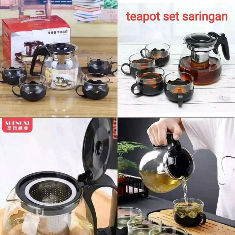 Teapot Set Saringngan Kaca 1 Teko Cantik dan 4 Gelas Kaca