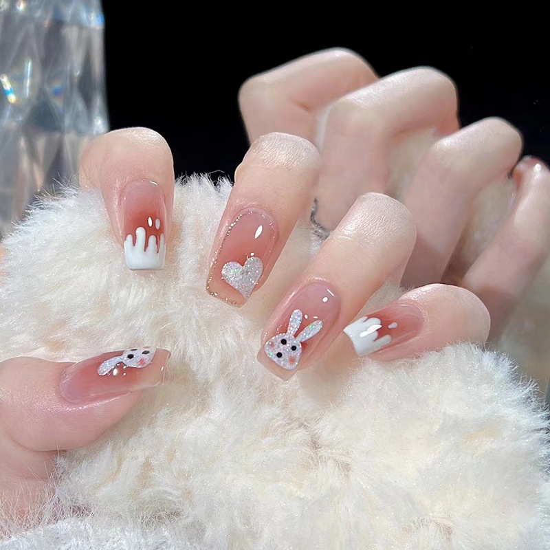 Pink Blush Cute White Rabbit Glitter Fake Nails Kuku Palsu Panjang Isi 24pcs/box R709