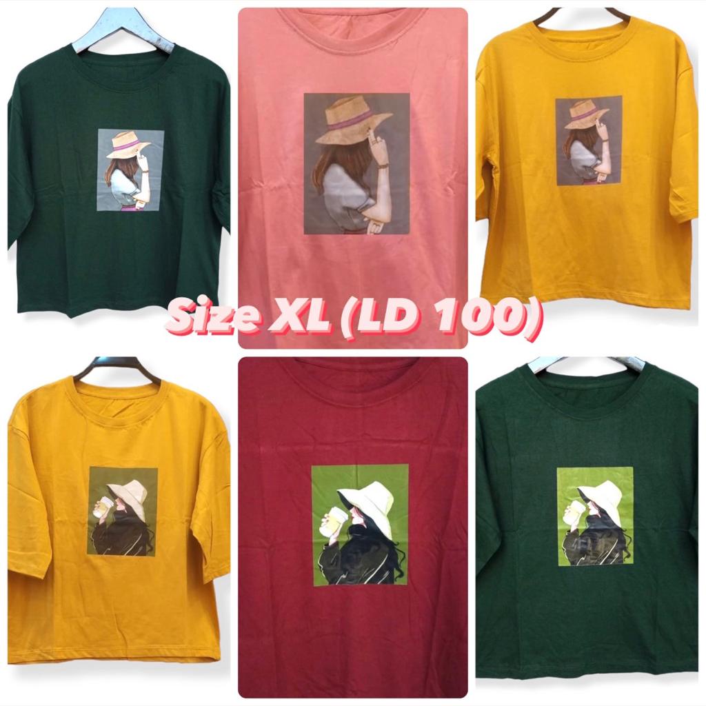 KAOS CEWEK LENGAN 3/4 FIT XL KAOS MURAH BAJU DEWASA KAOS TERBARU GAMBAR CEWEK INDIE PAKAI TOPI LEBAR