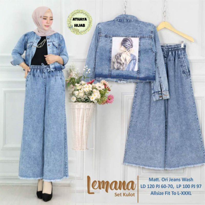 Setelan Kulot Jumbo Bahan Ori Jeans Wash LD 120 Lemana Set By Athaya