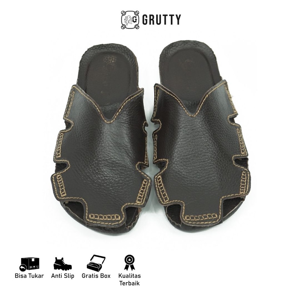 Sandal Sepatu Pria Kulit Asli Bustong Grutty Casual Slop Murah Berkualitas DC022 Coklat