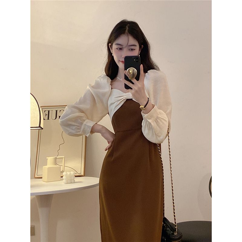 Red Angin lembut gaun dua potong ikatan simpul palsu wanita musim semi dan musim gugur gaya rok gemuk mm figur berbentuk buah pir gaun Prancis retro