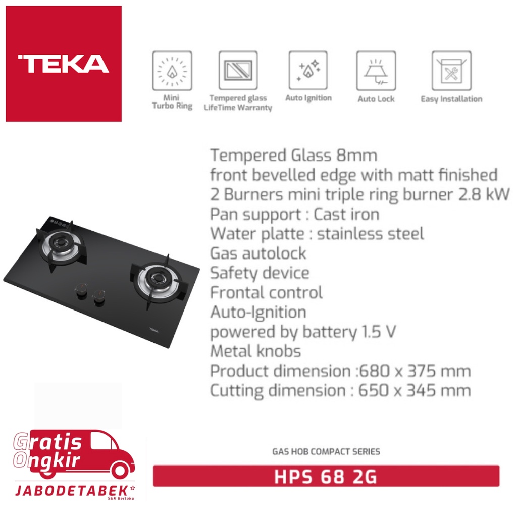 TEKA Kompor Gas Tanam HPS 68 2G Compact Gas Hob 2 Tungku