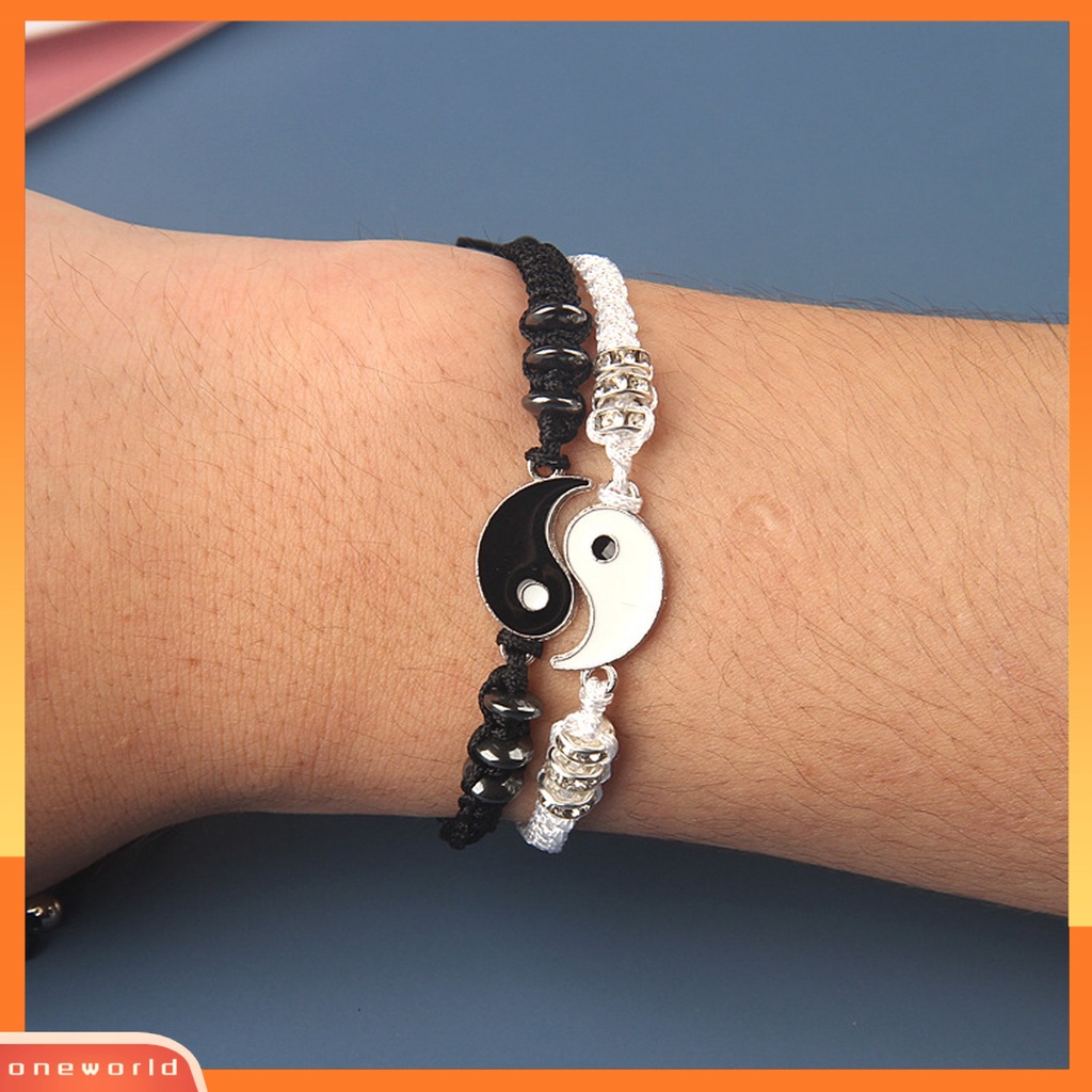 {oneworld} 2pcs Gelang Couple 2jodoh Yin Yang Tangan Rajutan Pria Wanita Berlian Imitasi Mengkilap Gelang Yang Dapat Disesuaikan Untuk Hari Kasih Sayang