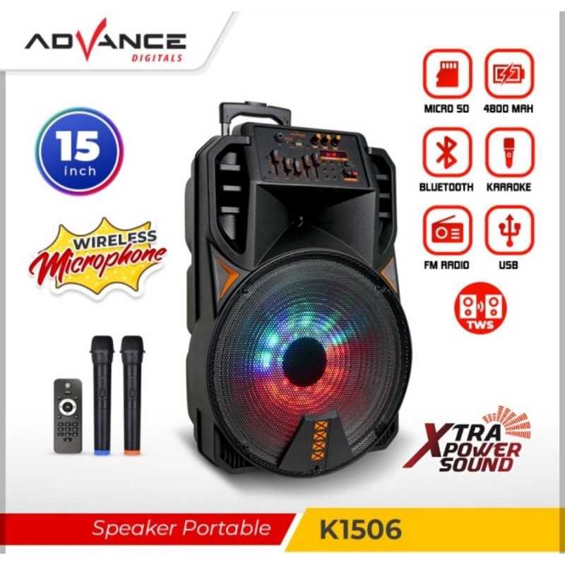 SPEAKER BLUETOOTH ADVANCE 15INCH K1506 SPEAKER AKTIF PORTABLE 15 INCH MIC WIRELESS 2 MIC