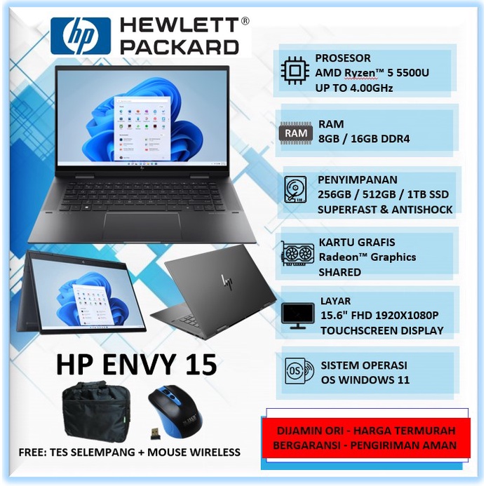 Laptop Gaming Bisa Tablet Touchscreen HP Envy 15 X360 Amd Ryzen 5 5500U Ran 8GB 16GB SSD 256GB 512GB