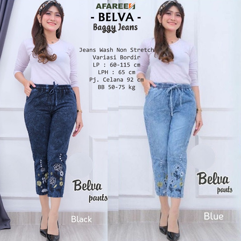 AFAREEN - Baggy Jeans Belva Bordil Bunga Kulot Jeans Pinggang Karet kolor Celana Jeans Boyfriend Wanita BB 50-75 Kg