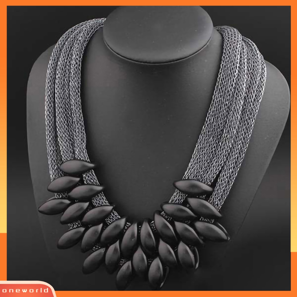 {oneworld} Bib Kalung Multi-layer Braided Alloy Liontin Daun Statement Choker Necklace Untuk Pesta