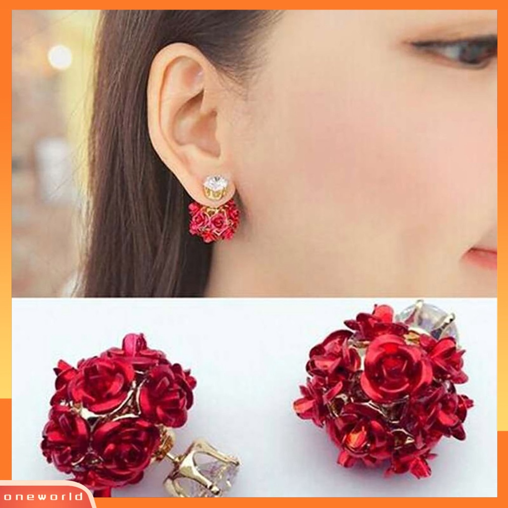 {oneworld} Ear Studs Indah Desain Bola Bunga Mawar Bahan Alloy Berlian Imitasi Anting Untuk Perjamuan