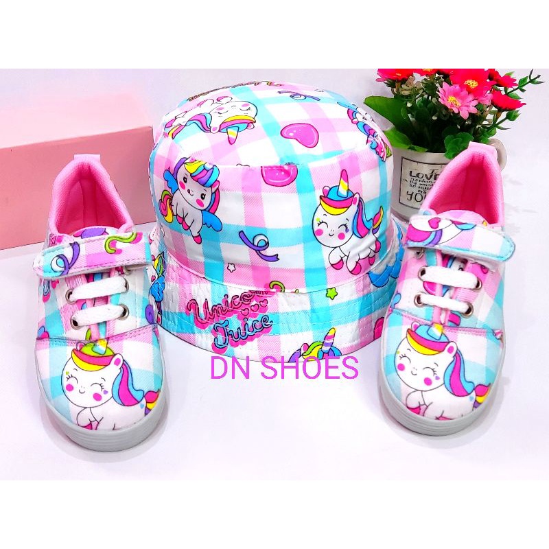 Paket Sneakers Anak Topi Bucket Anak Perempuan Paket Sepatu Tali Anak Topi Bucket Tali Hat Anak Perempuan Lucu Karakter Unicorn Tosca Pink Juice
