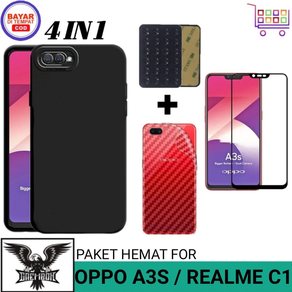 Promo Paket 4in1 Case Oppo A3s / C1 Free TG Anti Gores Layar Dan Garskin Dan Gurita Casing Cover