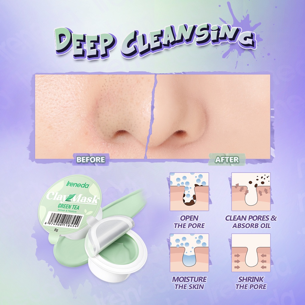 Ireneda Green Tea Refresh &amp; Moisture Clay Mask Masker Wajah Pore Clean Face Mask IR02