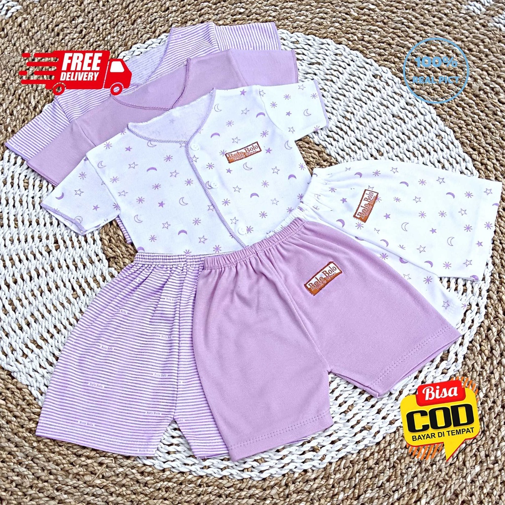 SALE 7.7 Serian Lilac - 3 Stel Setelan Baju Bayi Tangan Pendek Celana Pendek Bayi 0 sd 3 Bulan LILAC SERIES merk SNI Bolo - Bolo