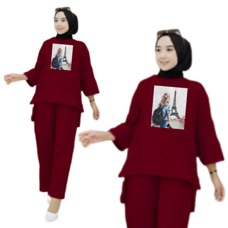 Setelan Kaos Wanita Dewasa Oversize Ld 130 cm Terbaru 2023 Viral Gambar DTF Bahan Kaos Babyterry Tangan 3/4 dan Celana Panjang One Set Wanita Dewasa Jumbo Kekinian Atasan Baju Wanita Dewasa Big Size Stelan Baju Wanita Santai Cewek Paris