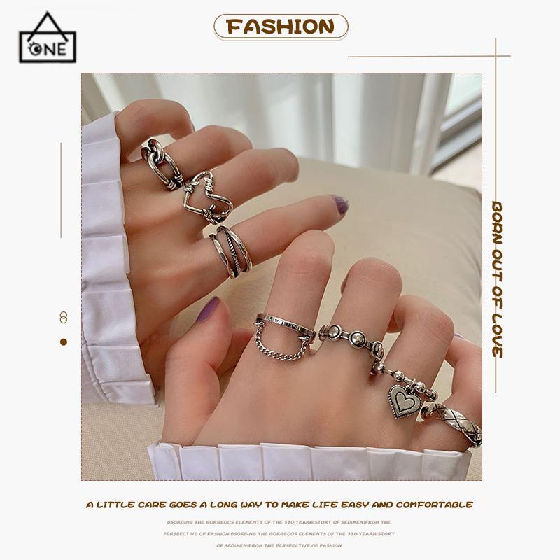 COD❤️7Pcs/Set Perhiasan Cincin Rantai Cinta Fashion Korea Vintage Adjustable Gaya Untuk Wanita-A.one