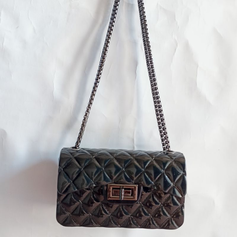 Tas Selempang  Wanita  Mini Jelly Glozi Tali Rantai  Hitam