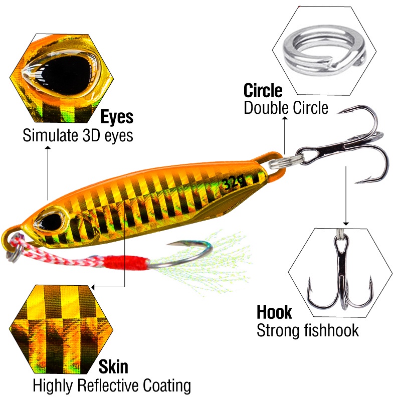 16g/32g Metal Jig Umpan Pancing 1PCS 3D Mata Memancing Umpan Jigging Lure Memancing Aksesoris Treble Hook Double Fishing Ring 6warna Troli Umpan Jigging