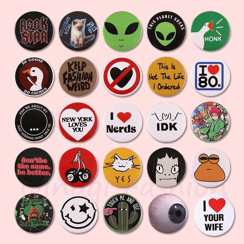 44mm Tinplate Tombol Pin Hewan Lucu Angsa Kodok Kucing Alien Cherry Bros Lencana Kreatif Anime Perhiasan Hadiah Lapel Badge