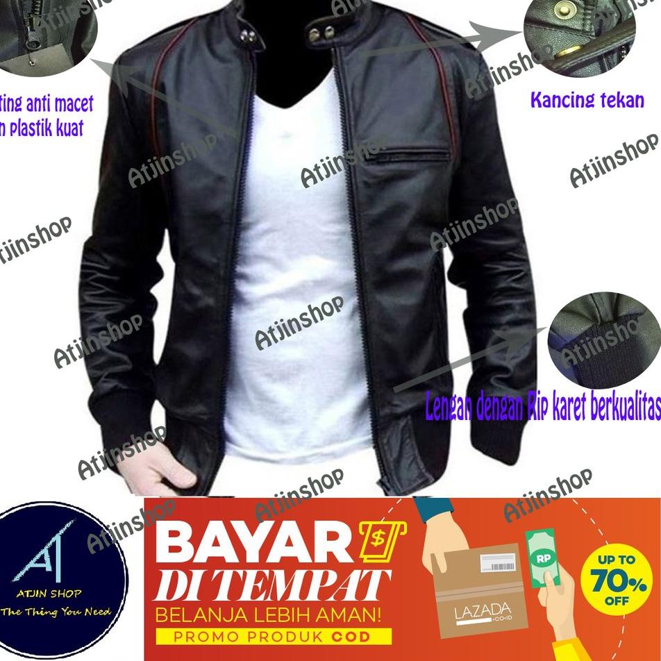Atjin-Jaket Kulit Pria ARIEL terlaris Kasual Exclusive Series Ferrari / Jaket Motor Pria FULL BLACK 