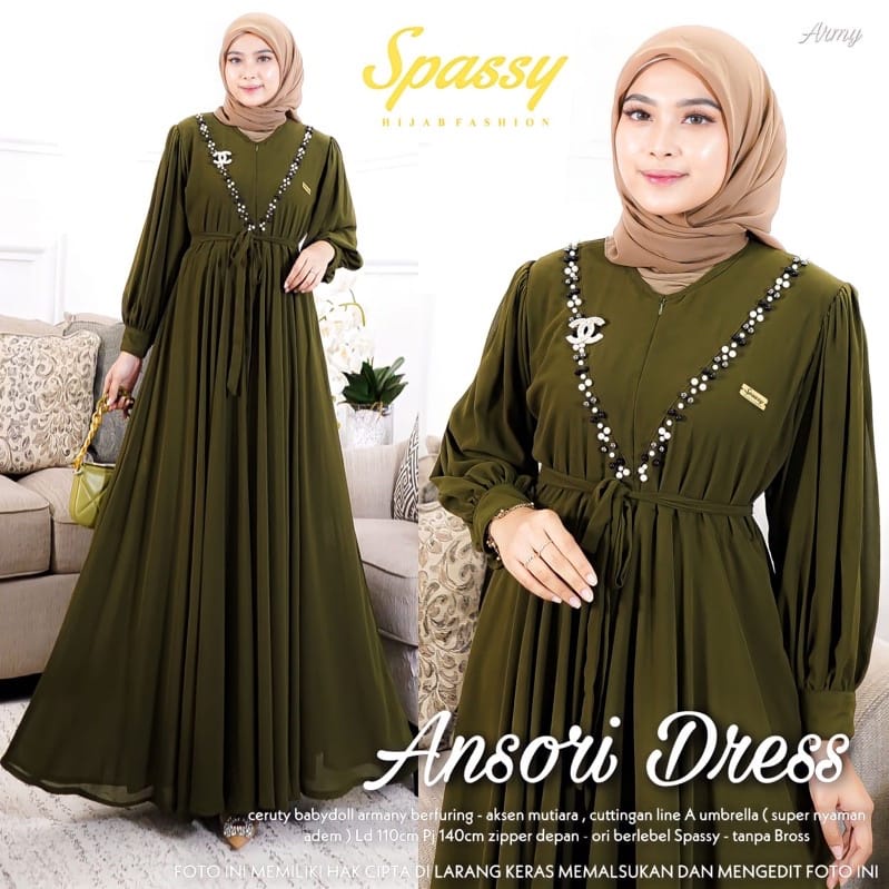 Ansori Dress Kondangan Sage Gamis Wanita Kekinian Busui Friendly Gaun Pesta Muslimah Ceruty Babydoll Aksen Mutiara Baju Wanita Jumbo