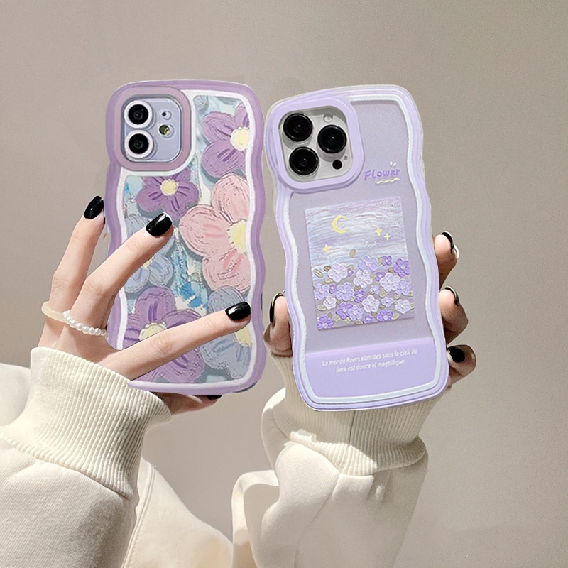 Casing Baru Realme C55  Realme10 C33 C30 C31 C35 C21Y C25Y Realme C11 C25 C17 C15 C12 C3 C2 Realme 7i 5 5i 6i 7 Pro Lukisan Cat Minyak Bunga Ungu Gelombang Tepi TPU Phone Case Cover