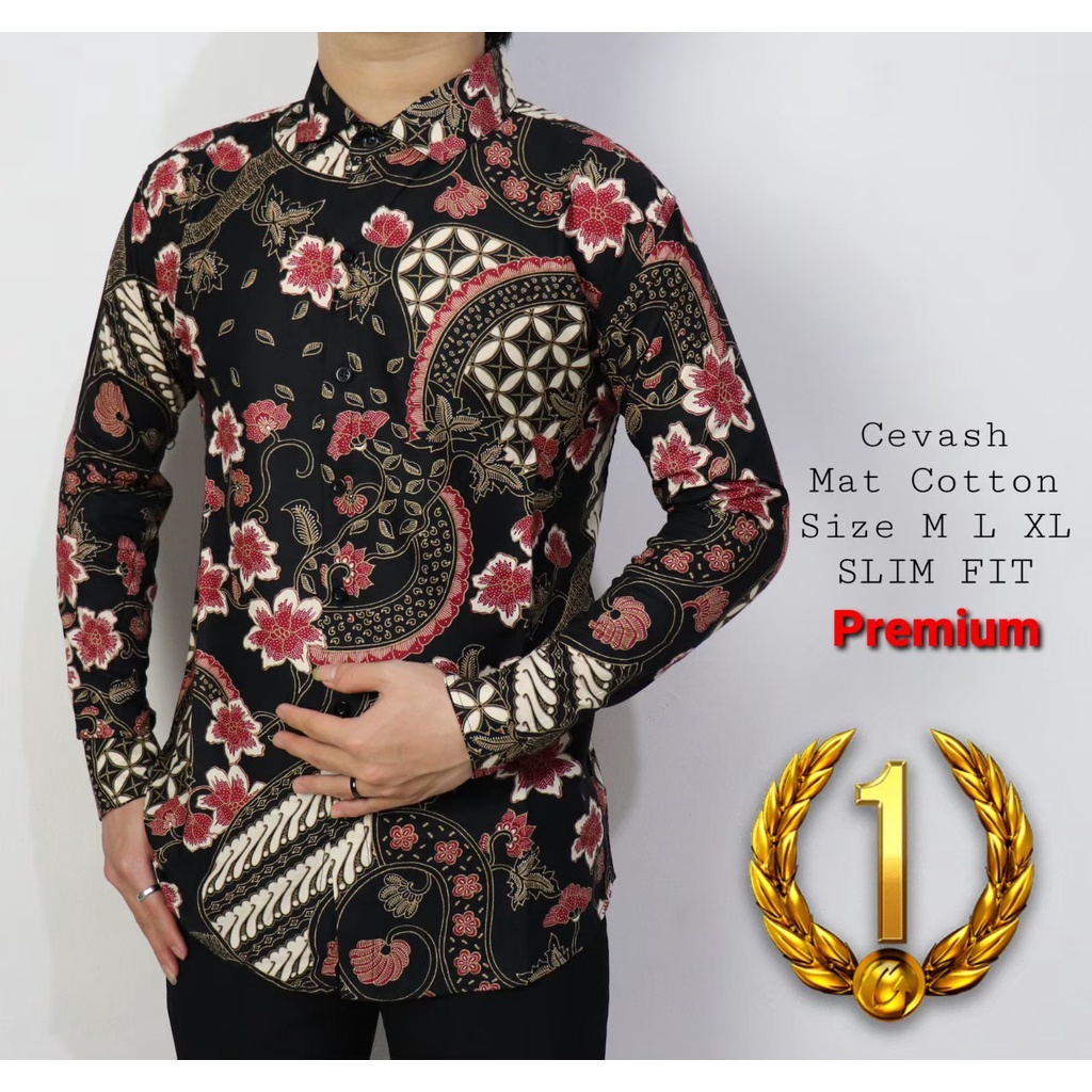 CEVASH SALE Cuci Gudang Baju Batik Pria Slimfit Kemeja Lengan Panjang Hem Slim Fit Hitam Premium