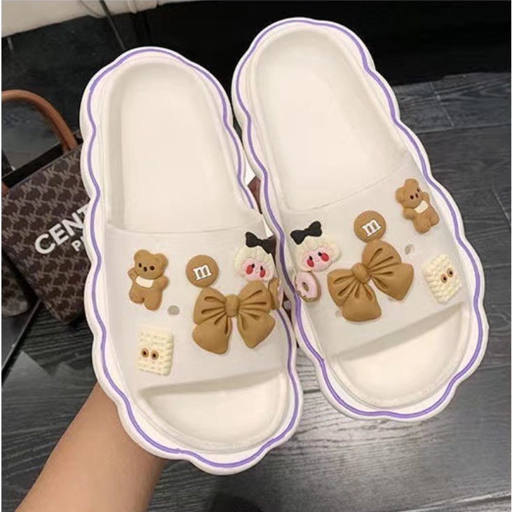 PVC Sandal Slop Wanita Karet Import Korean Slippers Flip Flop Rubber Elastic Super Soft Non-Slip Sole Brown Jibbitz