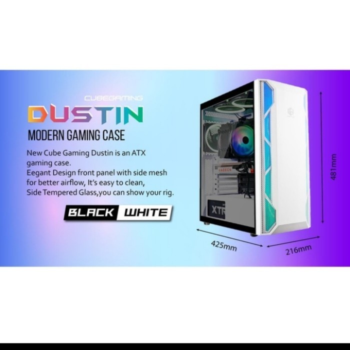 Casing Komputer Cube Gaming Dustin Black ATX Tempered Glass