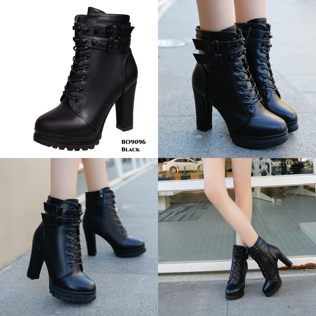 WYN SEPATU BOOTS HIGH BLOCK FASHION KOREA BAHAN KULIT SINTESIS BO9096