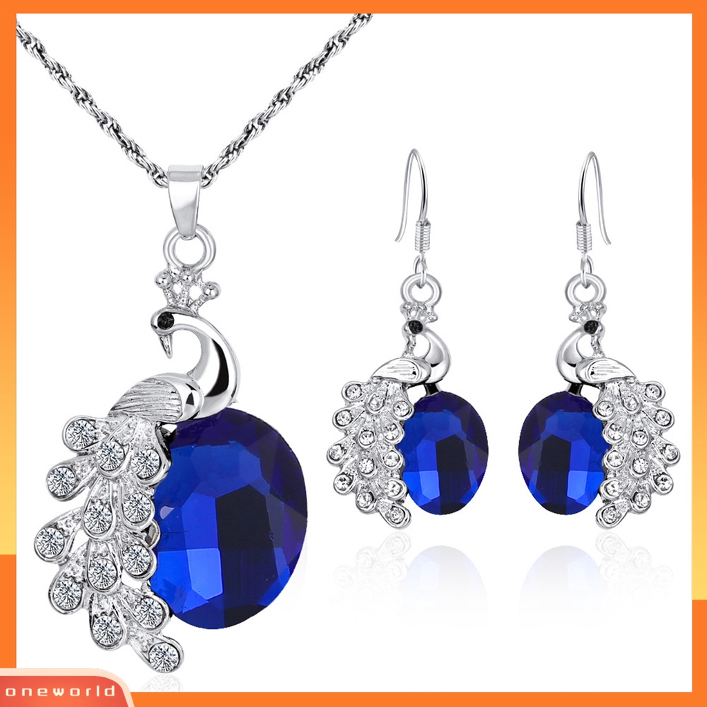 [ONE] 2pcs/set Kalung Anting Set Biru Kristal Imitasi Kepribadian Glitter Indah Bentuk Merak Hias Berlian Imitasi Liontin Anting Kalung Perhiasan Aksesori