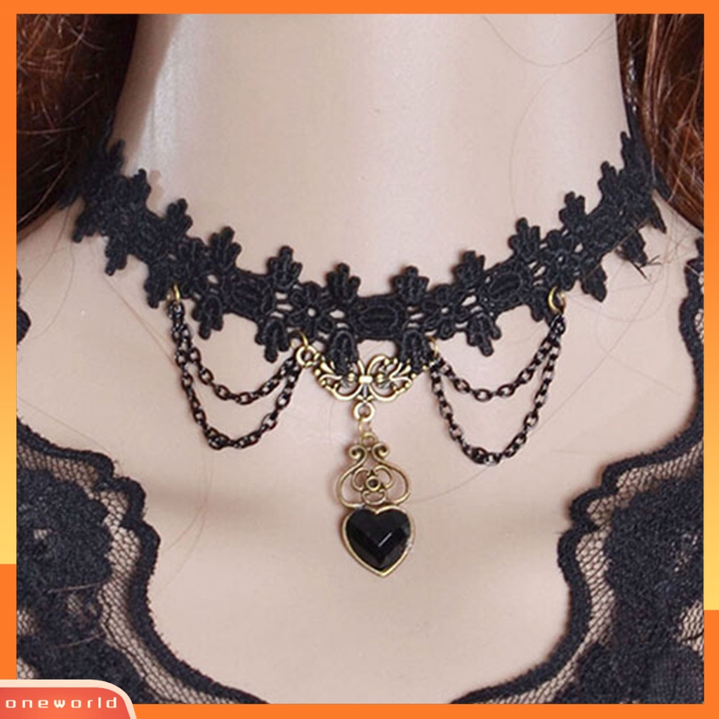 {oneworld} Kalung Colorfast Lace Edge Alloy Kalung Rantai Renda Hitam Untuk Pernikahan