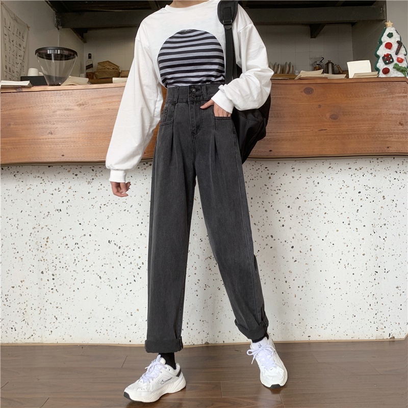 Abu-abu Highwaist Kasual Boyfriend Jeans Wanita