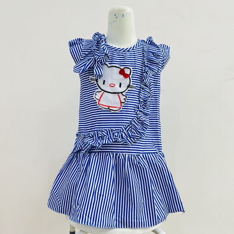 Dress anak 1 2 tahun gaun anak cewek perempuan motif strip salur biru hijau kuning rempel  gubet( dress gubet )