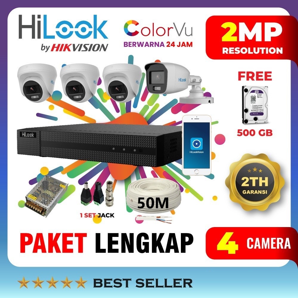 Paket CCTV HILOOK Colorvu 2MP 4 Kamera Full COLOR Lengkap - SURABAYACCTV