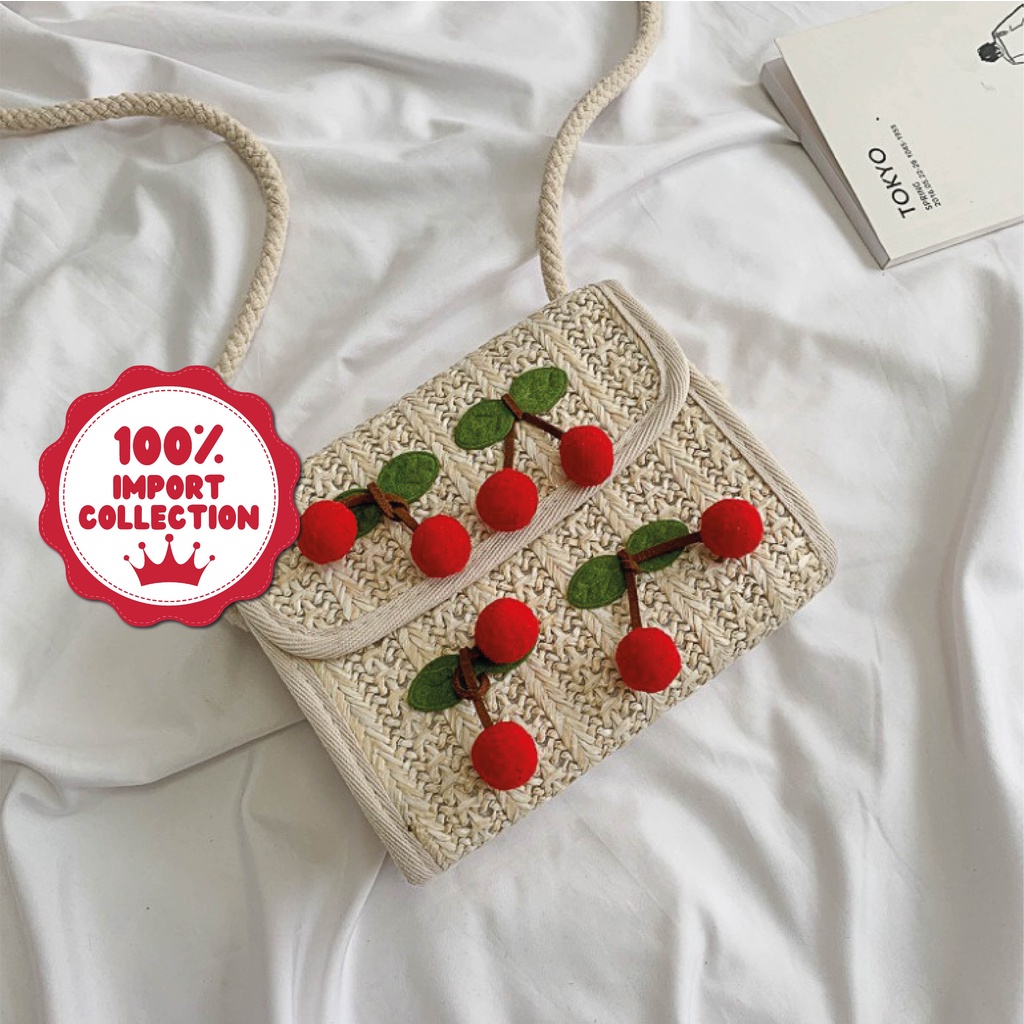 RED CHERRY Tas Selempang JERAMI Slingbag Wanita Remaja Cute Korean Style Retro Vintage Aesthethic By Chikoisme NR