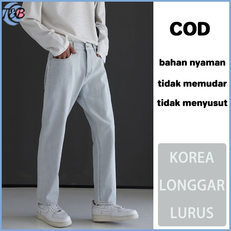 Jeans panjang pria baggy pants pria celana kulot cowok ootd korean style Celana panjang pria  celana gombrang pria premium straight pants Tidak memudar dan tidak ada bola biru muda loose fit denim