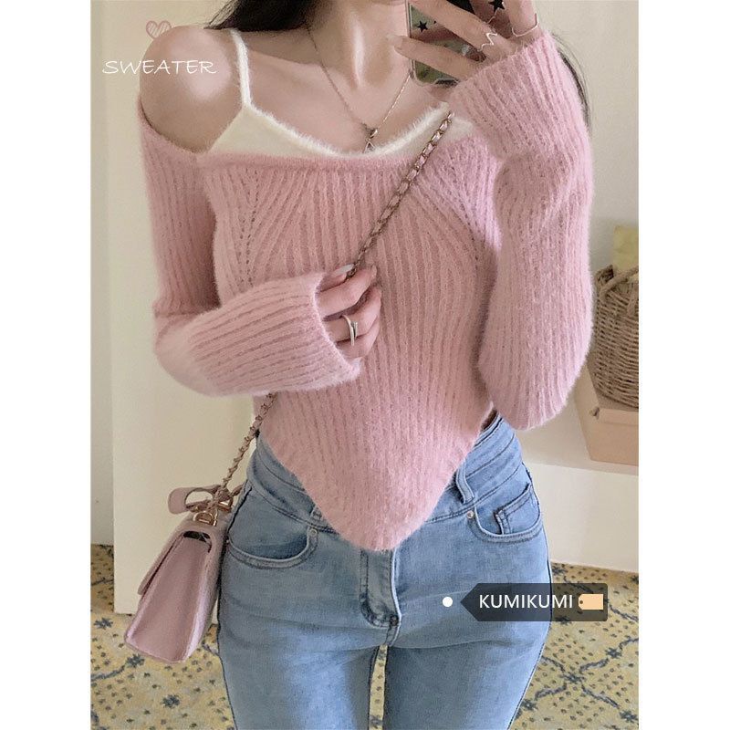 Red Kecil palsu dua potong sweater rajutan pakaian wanita tidak teratur mewah lembut lilin top musim gugur dan musim dingin keinginan murni angin slim sweater