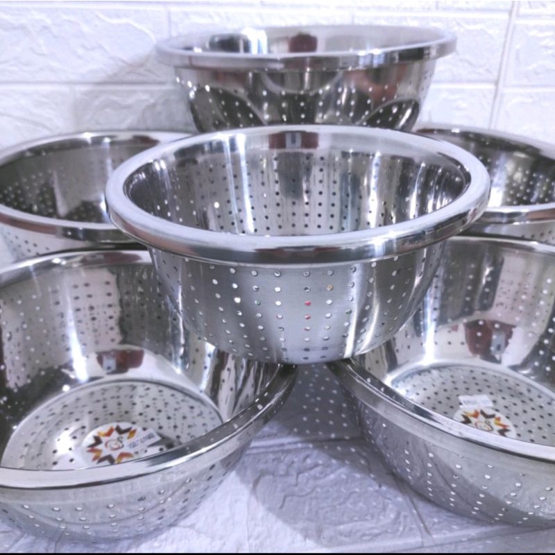 Baskom lubang bolong stainless tebal 28cm / baskom cuci sayur buah / baskom saringan tirisan stainless tebal 18cm 20cm 22cm 24cm 26cm 28cm 30cm