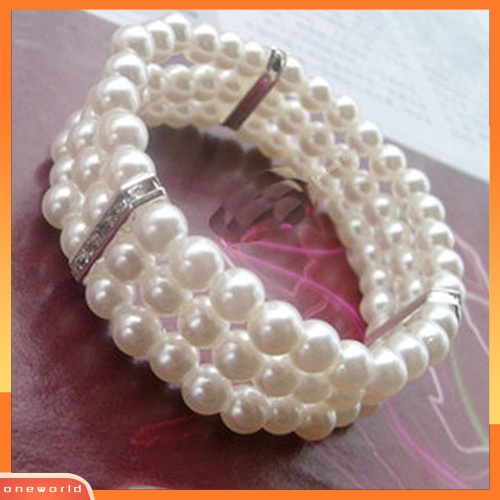 {oneworld} Fashion 3baris Mutiara Imitasi Dekorasi Berlian Imitasi Elastis Melar Bangle Gelang