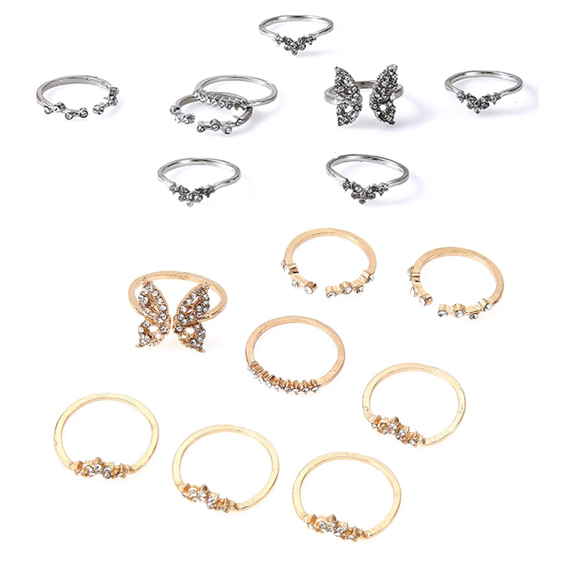 8pcs/set Korea Fashion Cincin Emas Kupu-Kupu Berongga Mutiara Cincin Jari Rings Untuk Aksesoris Perhiasan Wanita